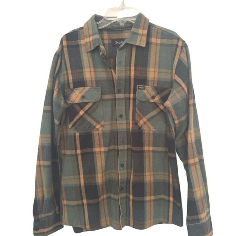 Brixton Plaid Flannel Long Sleeve Button‎ Up Shirt Men Size M Green Tan Black